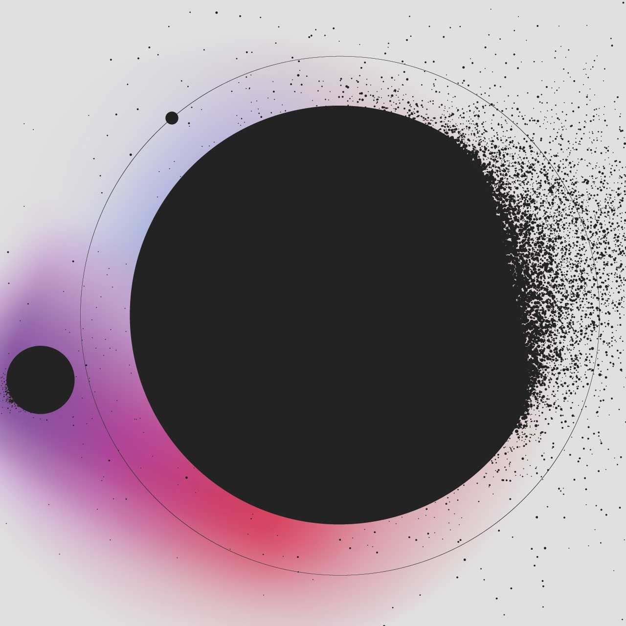 Digitally Illustrated Graphic. Black circles and dots with a white, pink, purple, and blue background.