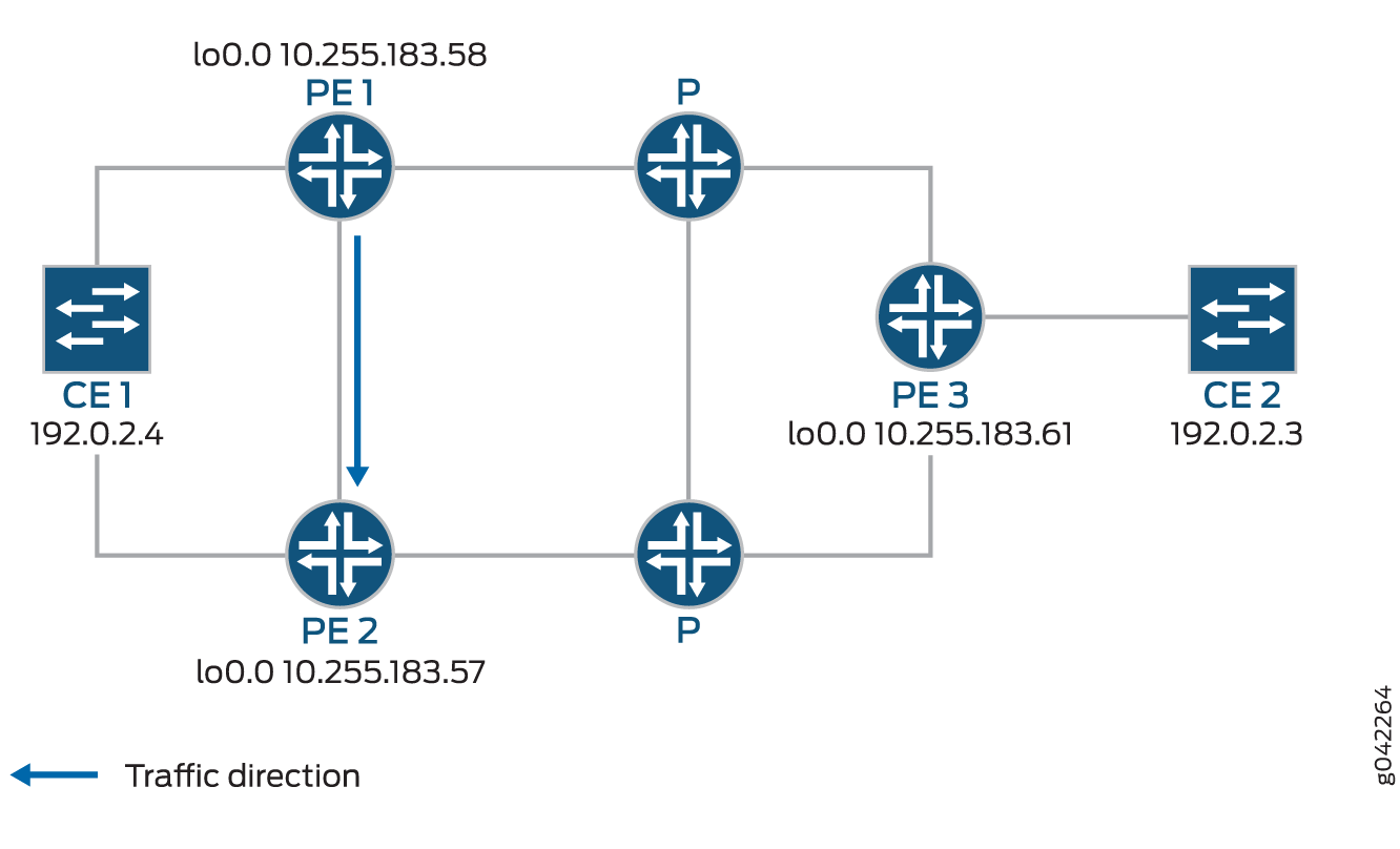 从路由器 PE1 到路由器 PE2 配置的出口防护 LSP