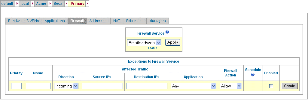 Firewall Page with Firewall Service Applied