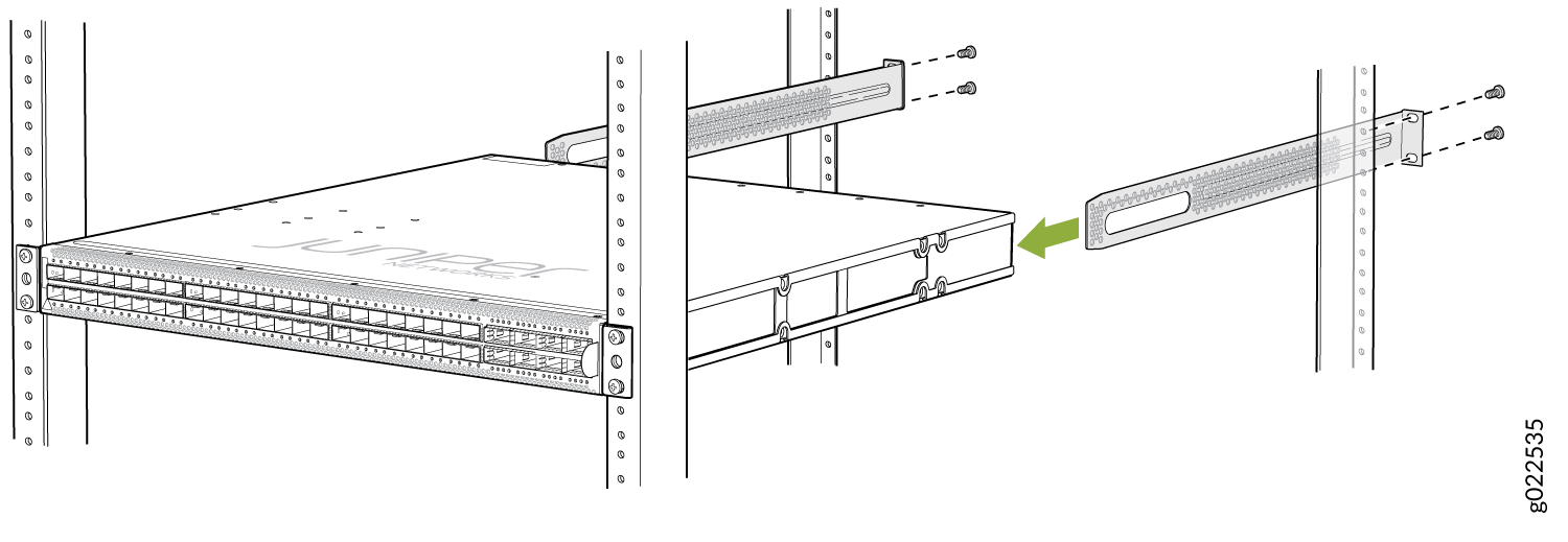 Secure the QFX5120-48Y
Switch to the Rear Post of the Rack by Using the Rear Mounting Brackets