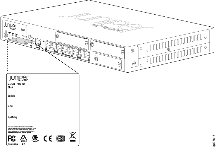 Location of SRX220 Serial
Number and Agency Labels