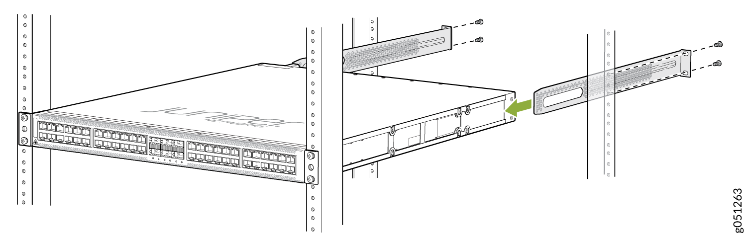 Secure the QFX5120-48T
Switch to the Rear Post of the Rack by Using the Rear Mounting Brackets