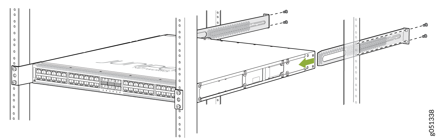 Secure the QFX5120-48T Switch to the Rear Post of the Rack by Using
the Rear Mounting Brackets