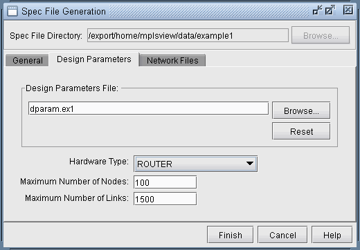 Spec File Generation Window Design Parameters Tab