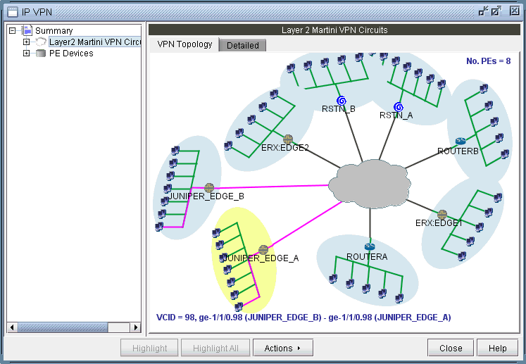 L2M VPN summary topology view with newly-added circuit
(VCID 98) highlighted