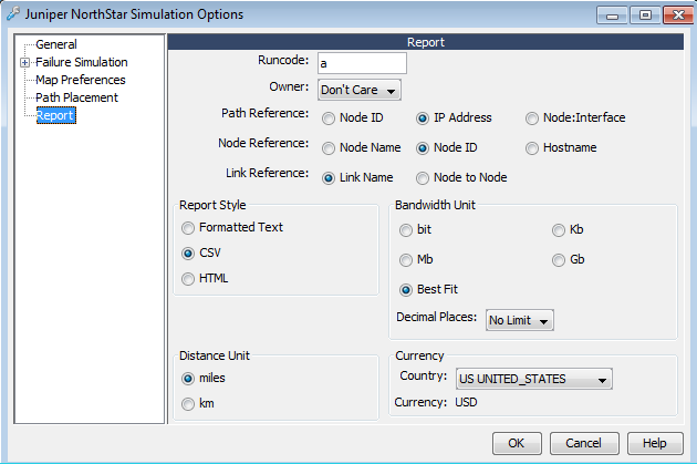 Juniper NorthStar Simulation
Options Window with Report Selected