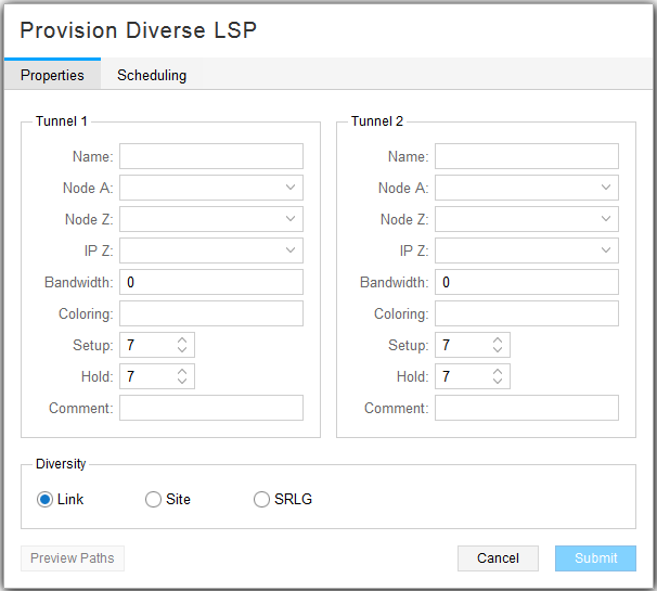 Provision Diverse
LSP Window, Properties Tab