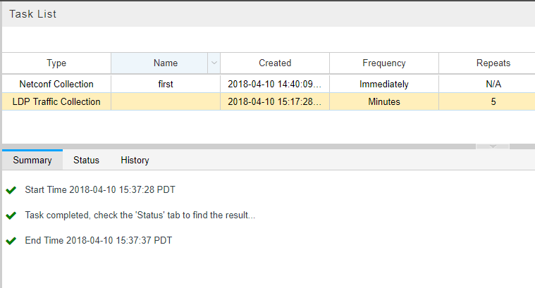 Example Collection Results for
LDP Traffic Collection Task, Summary Tab