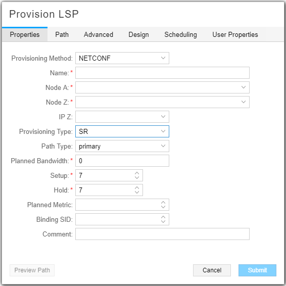 Provision LSP Window, Properties
Tab