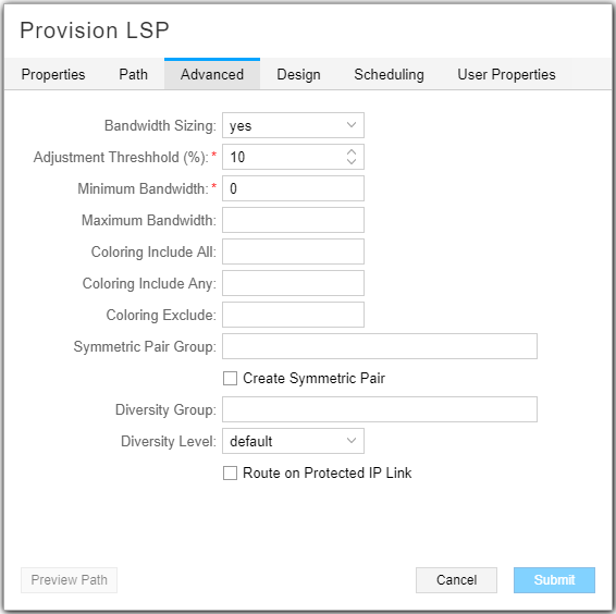 Provision LSP Window,
Advanced Tab