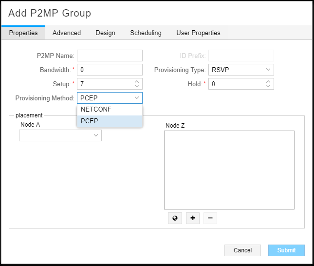 Add P2MP Group Window,
Properties Tab