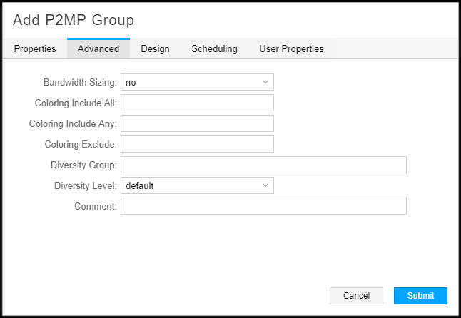 Add P2MP Group Window, Advanced
Tab