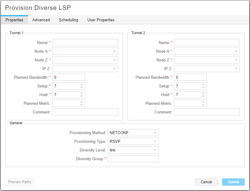 Provision Diverse
LSP Window, Properties Tab