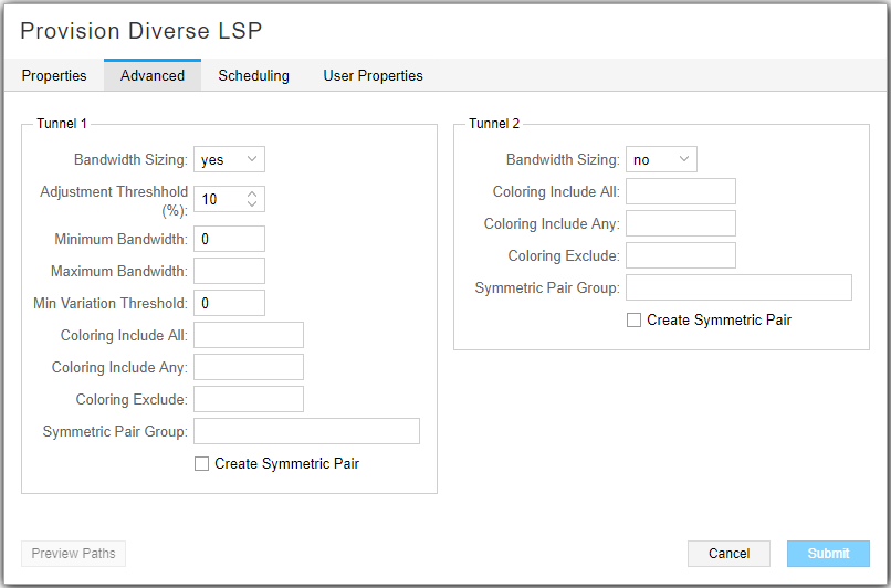 Provision Diverse
LSP Window, Advanced Tab
