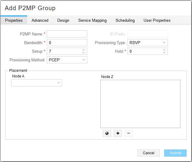 Add P2MP Group Window,
Properties Tab