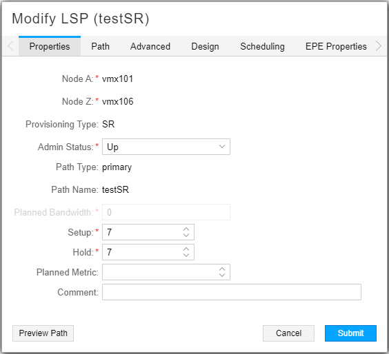 Modify LSP Window for
an SR LSP