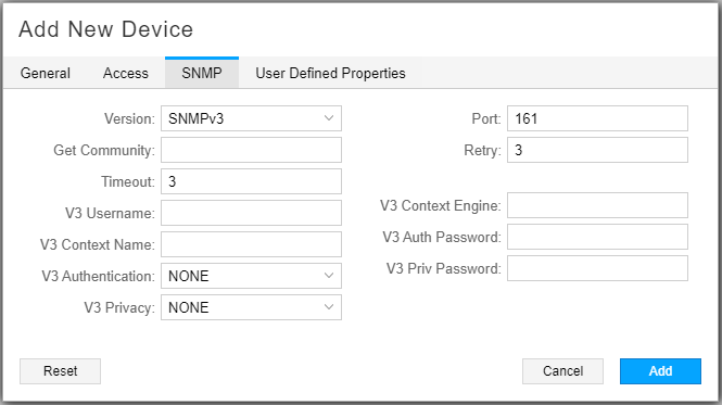 Add New Device Window SNMP
Tab