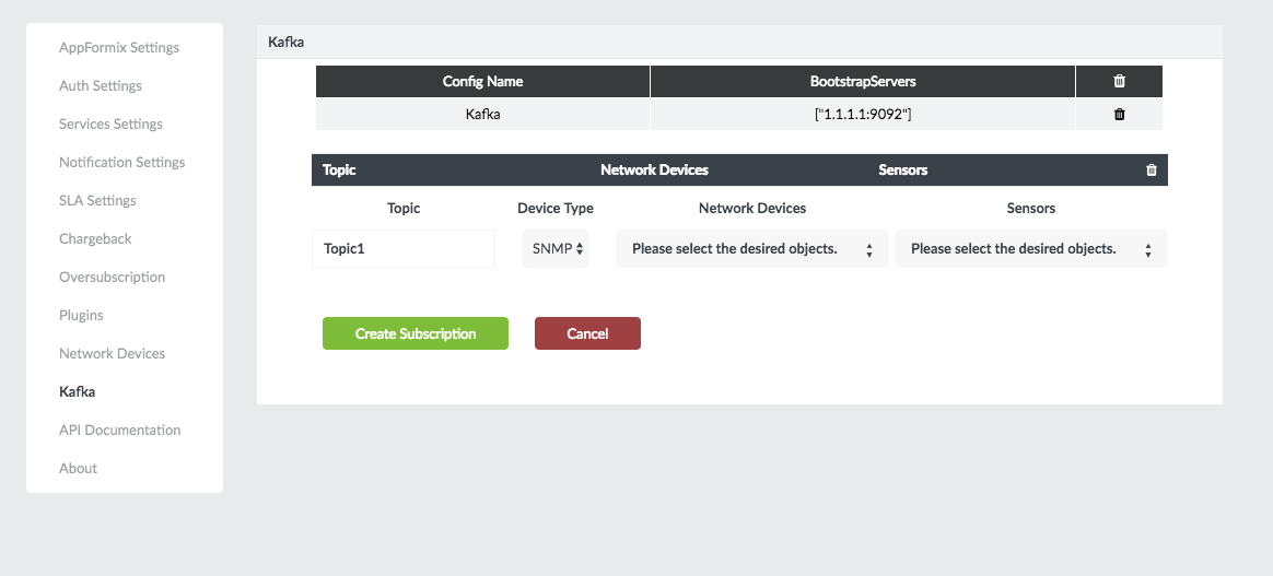 Create Topic, Select Devices and Sensors/MIBs to Send
to Kafka