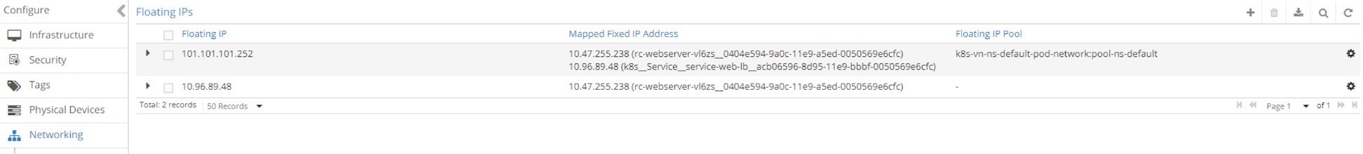 ロードバランサーサービス用の2つの Floating IPs