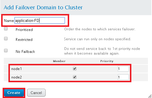 Add Failover Domain to Cluster Dialog Box