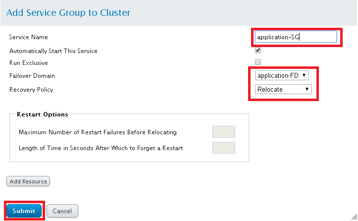 Add Service Group to Cluster Window