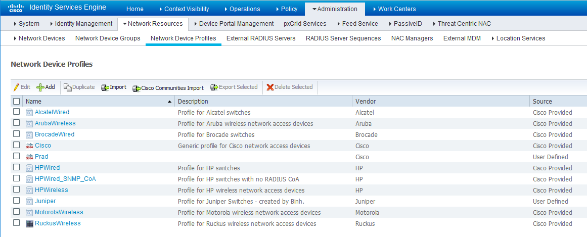 Cisco ISE: Network Device Profiles List