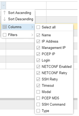 Sorting, Column
Selection, and Filtering Options