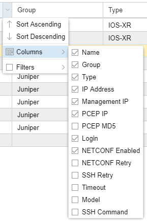 Sorting, Column
Selection, and Filter Options