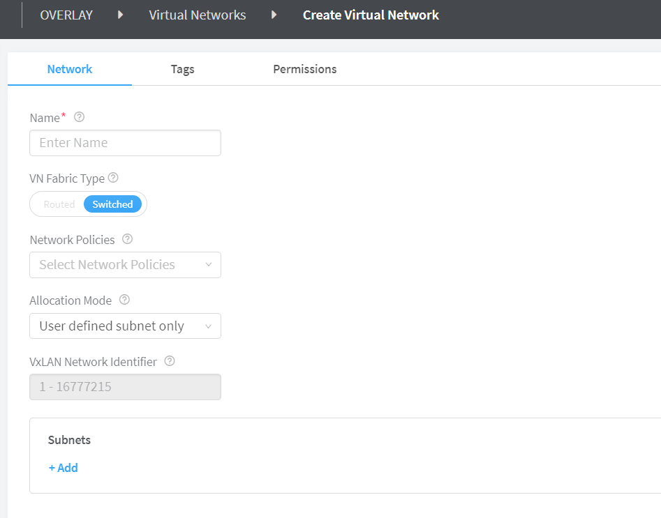 Create Virtual Network Page
