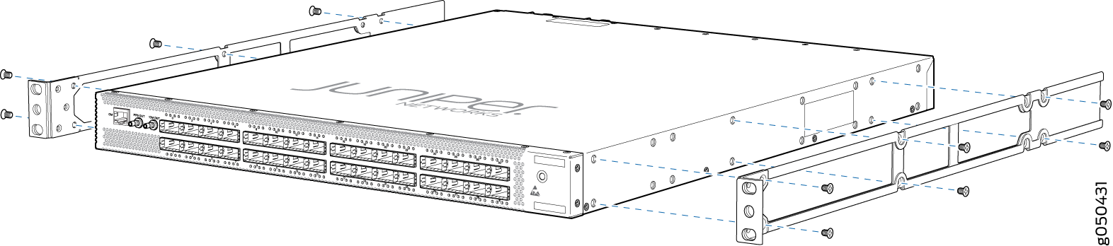Juniper Networks device with rack-mounting brackets and rails being attached for installation in a 19-inch equipment rack.