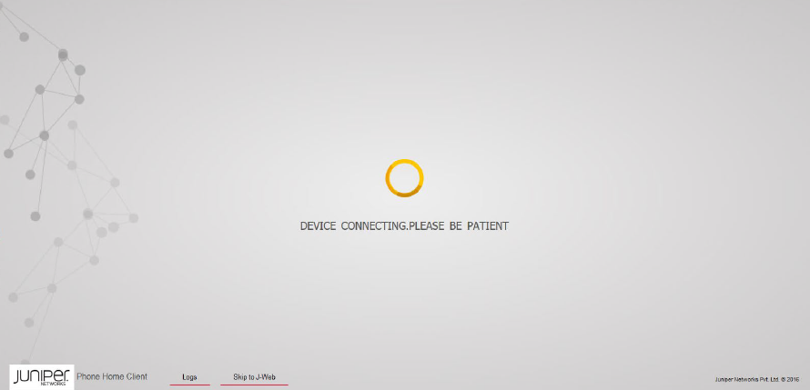 Device connecting message with loading icon from Juniper Networks. Options for Logs and Skip to J-Web.