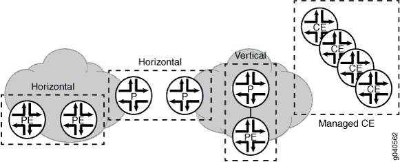 Conceptual diagram of network architecture showing Provider Edge and Customer Edge devices in a cloud-based environment. Highlights horizontal and vertical scaling of PE devices and managed CE devices.
