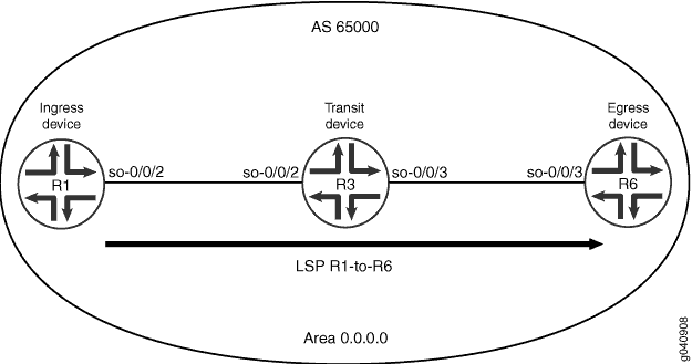 Network topology diagram showing MPLS Label Switched Path from ingress router R1 to egress router R6 via transit router R3 in AS 65000.