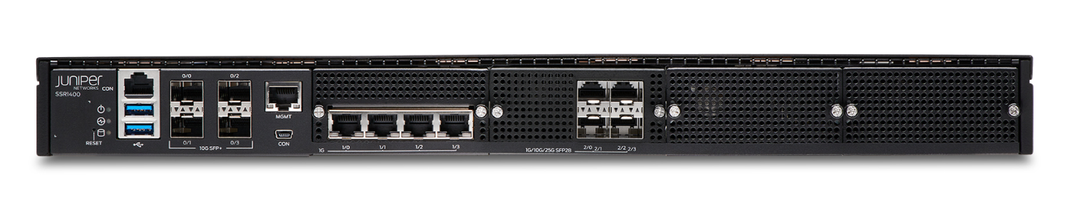 Rear view of Juniper Networks SSR1400 device, showing USB, Ethernet, SFP/SFP+ ports, console port, airflow vents, and labeled ports for network management.