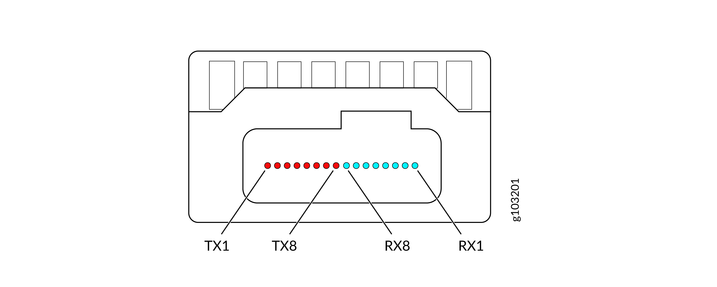 MPO connector diagram with layout: red dots TX1 to TX8 for transmit fibers; blue dots RX8 to RX1 for receive fibers.