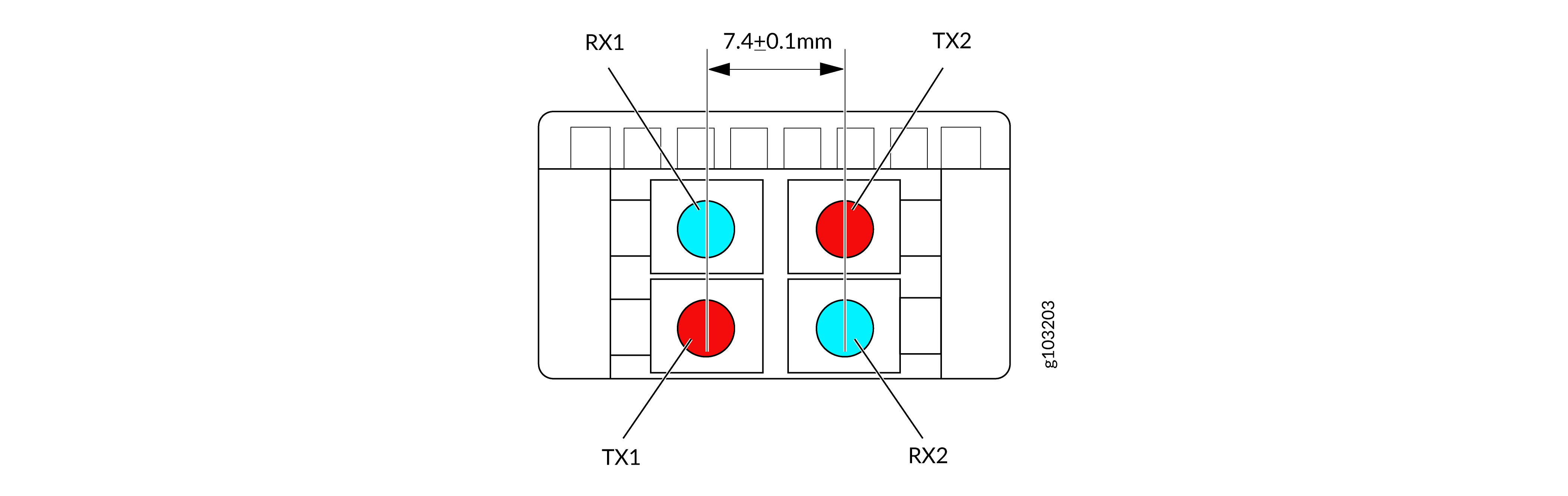 Diagram of an MPO fiber optic connector showing TX1, RX1, TX2, RX2 channels with 7.4±0.1mm spacing.