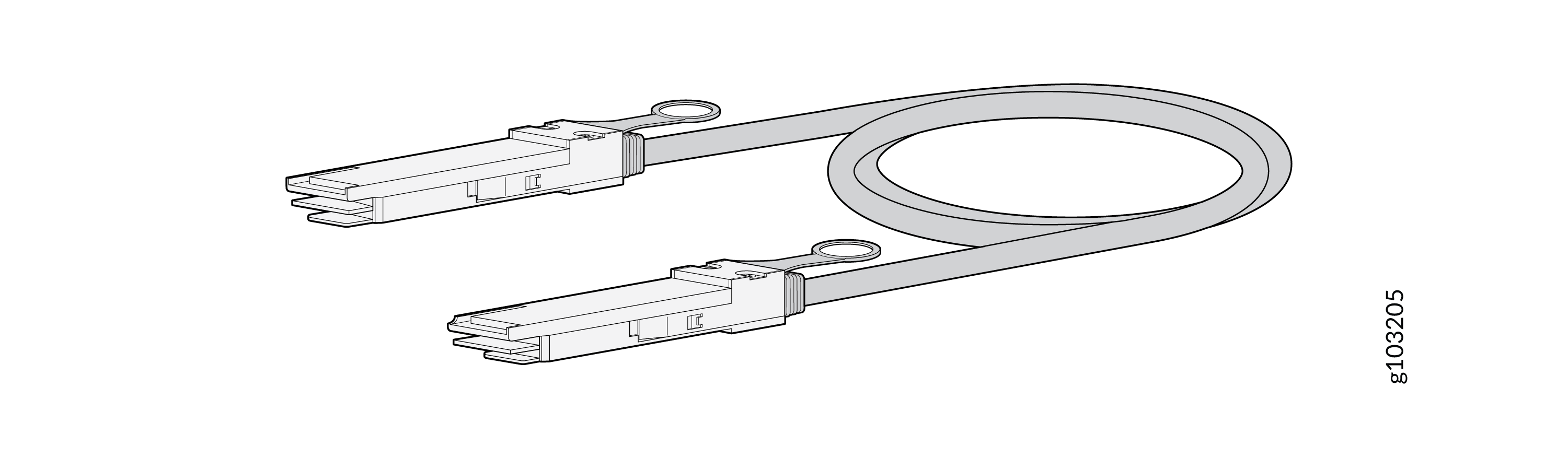 Cable with connectors for data transmission, resembling a network or fiber optic cable.