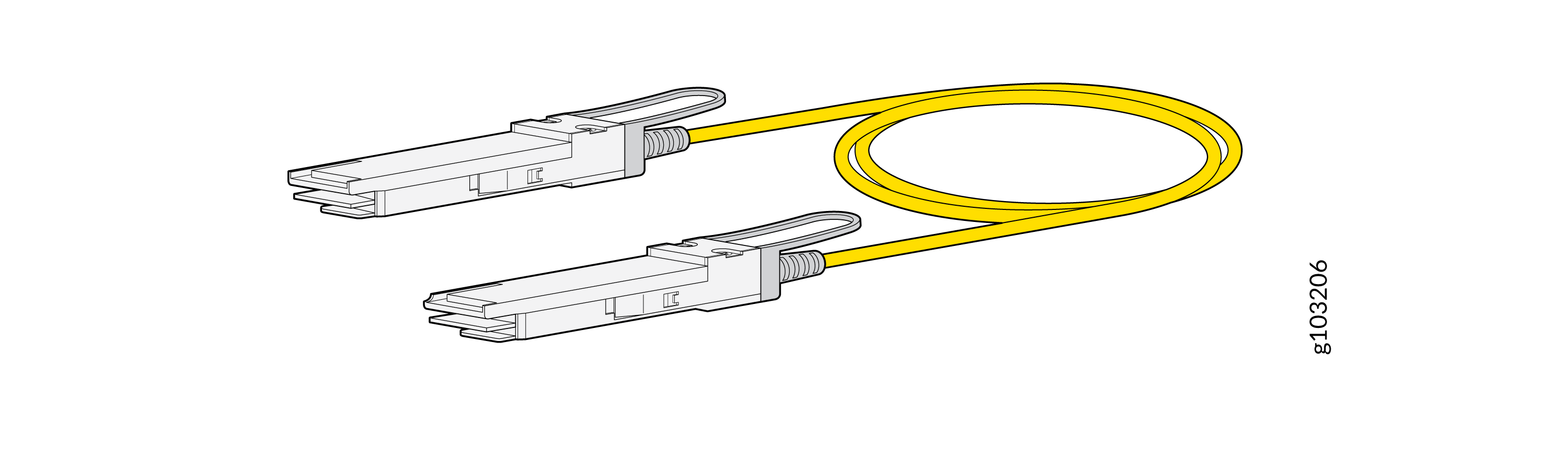 Yellow fiber optic cable with two connectors for high-speed data transmission in networking and telecommunications.