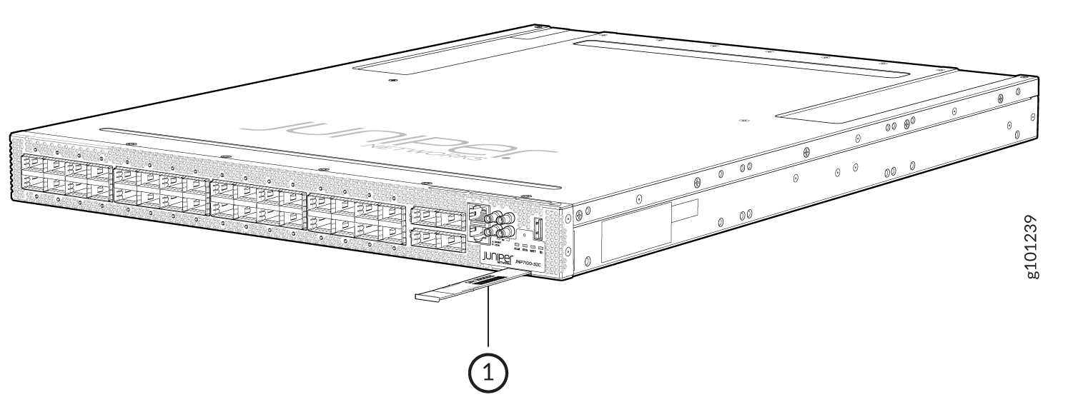 Location of the Serial Number ID Label on an ACX7100-32C router pull-out tab