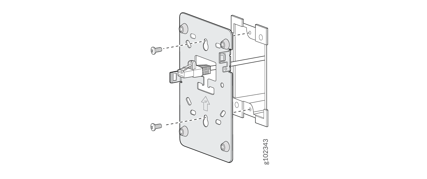 Exploded diagram of a component assembly showing a mounting plate, screws, latch mechanism, bracket, and an UP arrow for correct orientation.