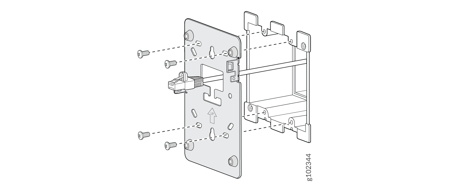 Exploded diagram of an assembly showing a mounting plate, screws, and RJ45 connector with arrows indicating placement and alignment.