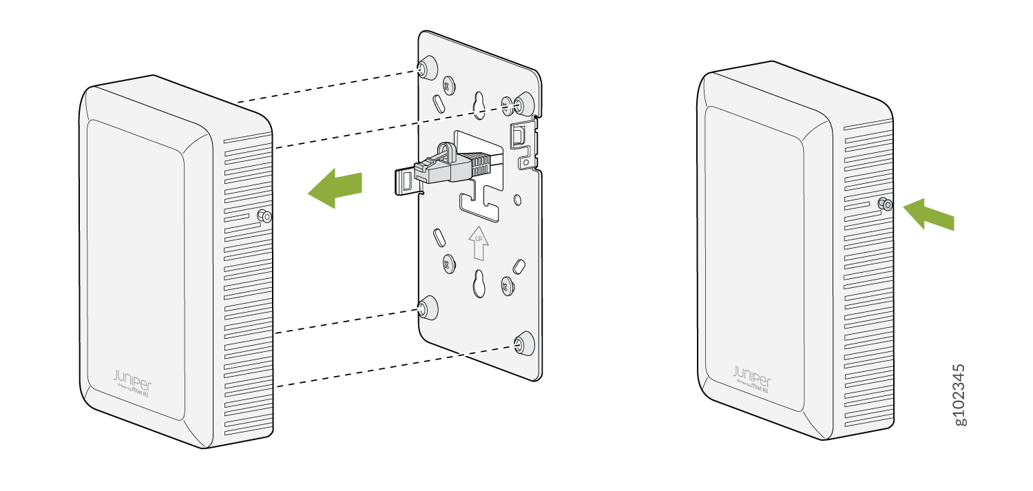 Installation guide for wall-mounted Juniper Networks device showing attachment to mounting plate with Ethernet cable connection and screw alignment.