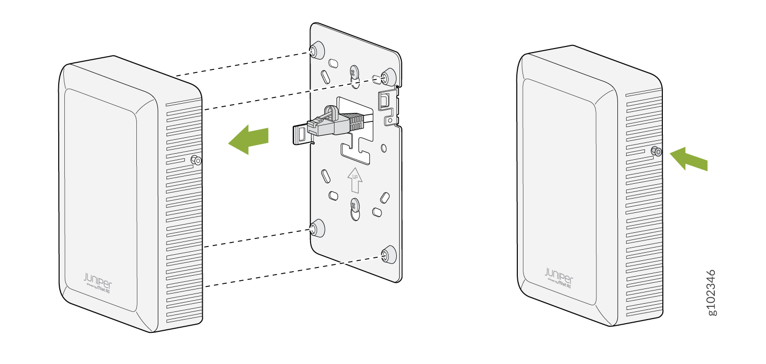 Juniper Networks wall-mounted device installation showing alignment with mounting plate and Ethernet cable connection points.
