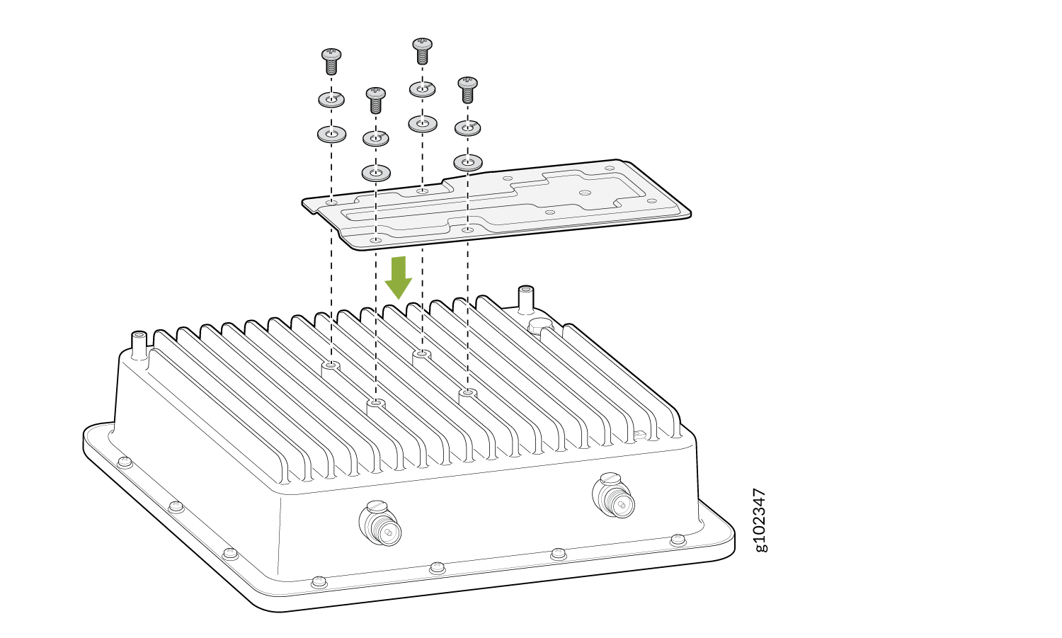 Exploded view of a device component with a ribbed heat sink, cover plate, screws, washers, and green arrow indicating assembly direction.