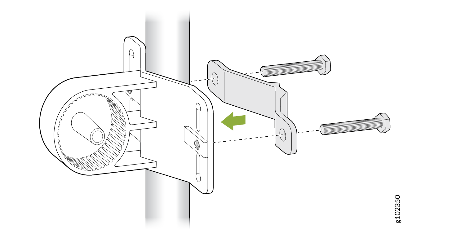 Exploded diagram of a gear mechanism with casing, bracket, and bolts. Green arrow shows bracket attachment direction.
