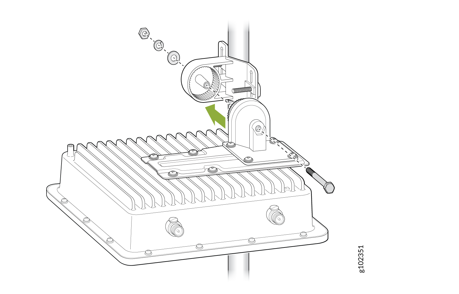 Exploded view of a gear assembly with a finned housing, mounting bracket, and fasteners. Green arrow indicates gear alignment.