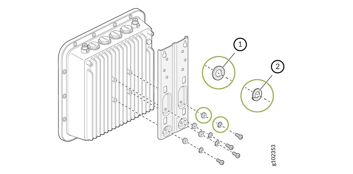 Exploded view of a mounting assembly for an electronic device with a heat sink, bracket, screws, and washers labeled for assembly.