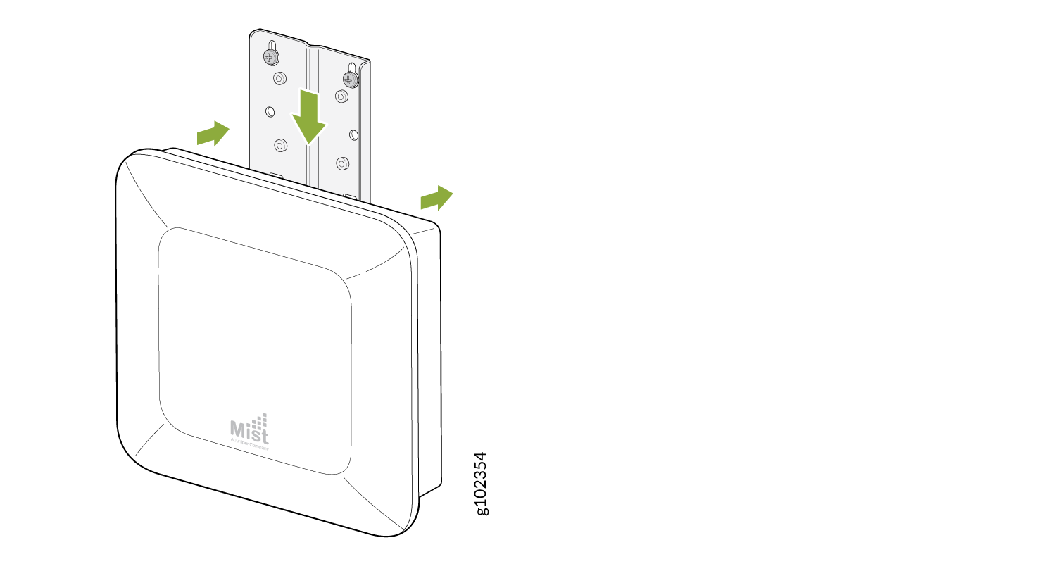 Mist access point installation with green arrows indicating attachment direction to bracket. Mist logo visible on device.