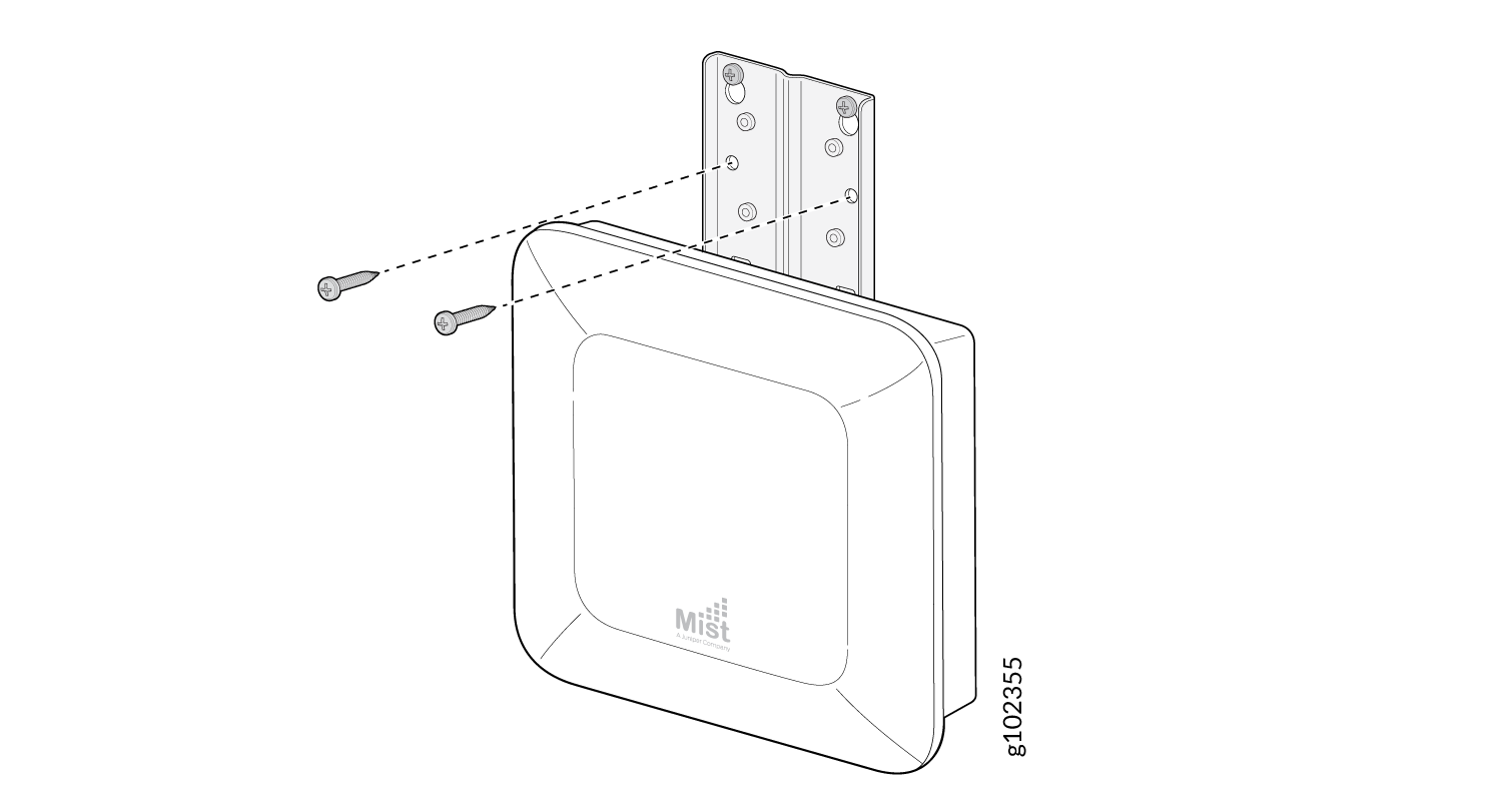 Mist access point installation diagram showing alignment of screws with bracket holes for proper mounting.
