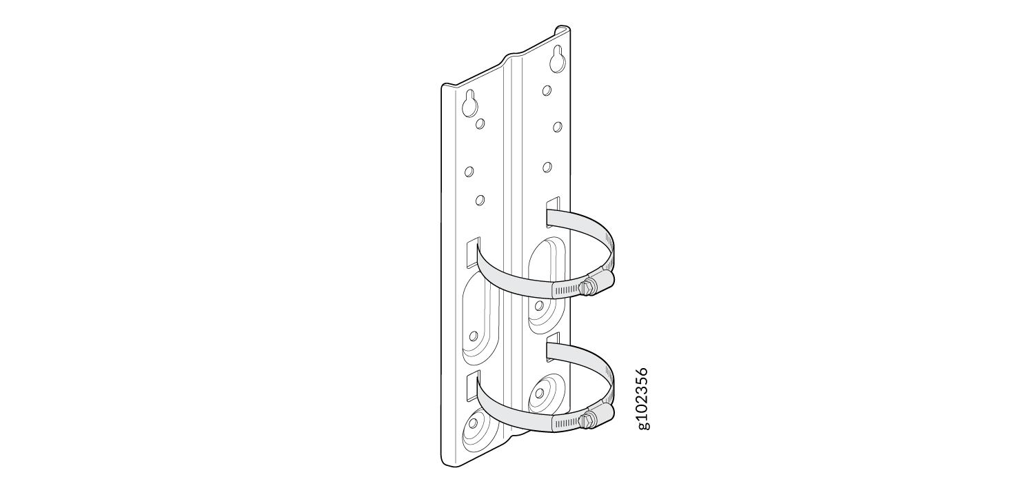 Technical drawing of a mounting bracket with two adjustable clamps for securing cylindrical objects to a flat surface.